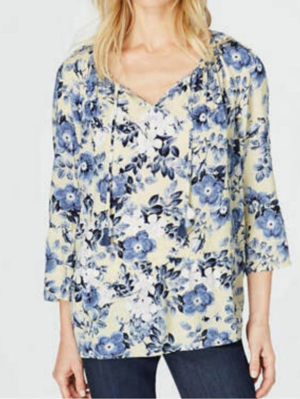 J.Jill soft yellow and blue floral loose fitting popover top size M